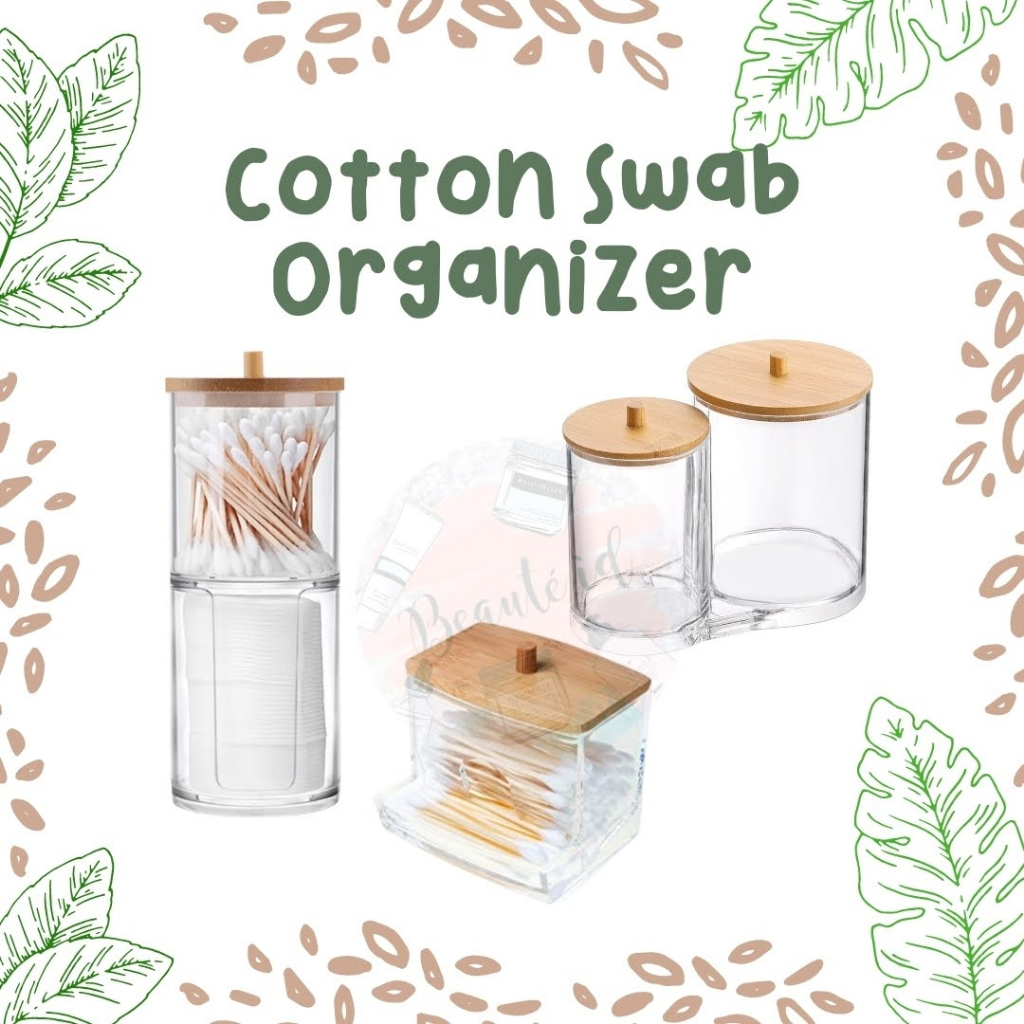 Rak Tempat Penyimpanan Cotton Bud Make Up Beauty Tools Acrylic Dispenser Kapas Wajah Lipstick Puff Storage Organizer AestheticMeja Rias Kotak Transparent with Bamboo Lid