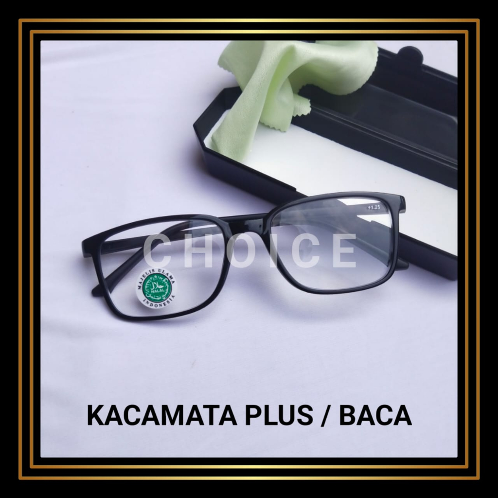 KACAMATA BACA( + )PLUS MODEL KOTAK UNISEX FREEBOX DAN LAP UKURAN +0.50 S/D +3.00