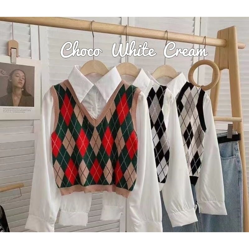 ❤️ PREMIUM IMPORT ❤️ READY ! ANNIE SEMI CROP WAJIK DIAMOND SQUARE KNIT VEST WITH COLLAR COTTON COMBINATION SHIRT
