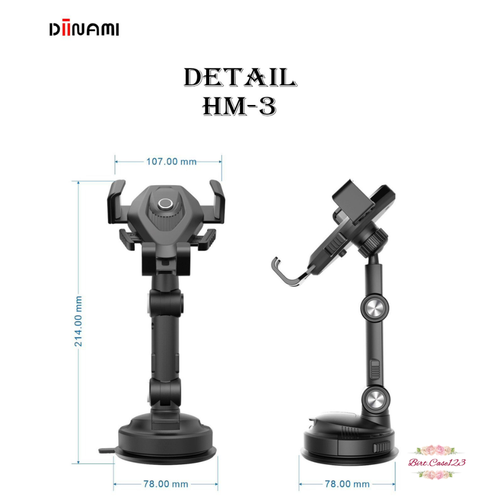 DIINAMI HM-3 Holder hp mobil Dudukan handphone universal original untuk pemasangan di dashboard kaca meja lemari bisa potrait landscape 360 derajat BC7964