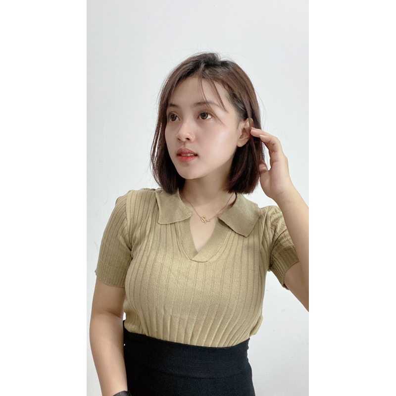 Atasan Kerah polo Rajut - Vneck Crop Top Blouse - Polo Shirt Atasan Wanita