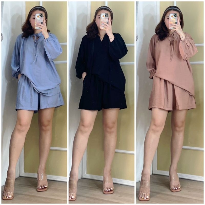 ♡ PREMIUM ♡ ORIGINAL ! CRAILLE CRINKLE 2 IN 1 SET TIED NECK LONG SLEEVE BLOUSE WITH SHORT PANTS