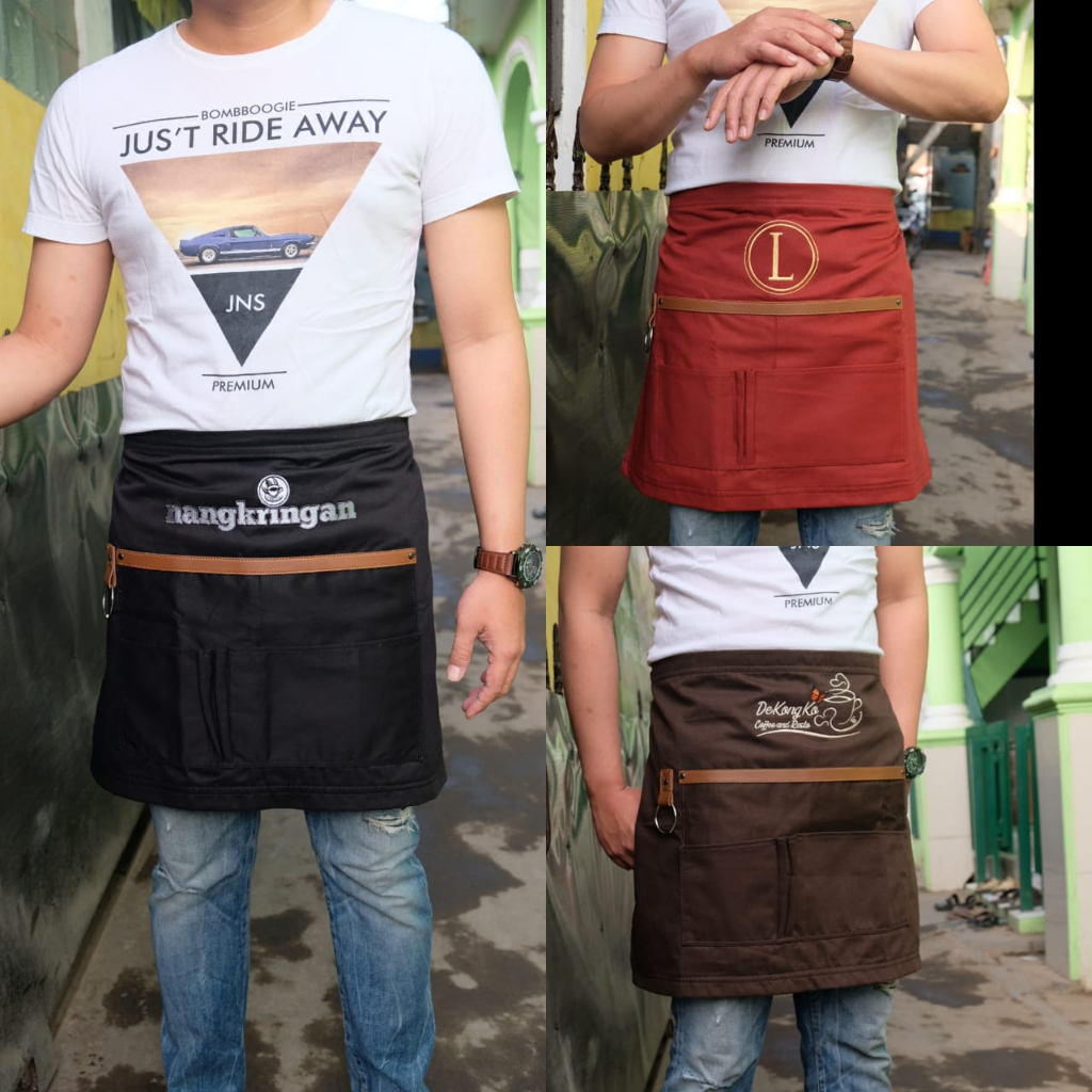 half apron waiteress/waiter celemek cafe full cotton &amp; syntheticl eather for server plus bordir