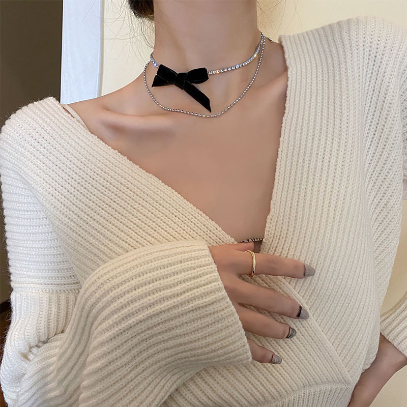 Crystal bow multilayer choker / necklace / kalung