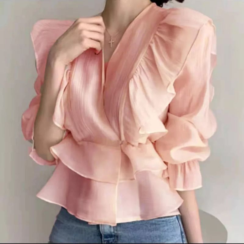 2863 Baju atasan blouse RUFFLE ORGANZA REMPEL lengan panjang vneck Korea Korean style wanita import 