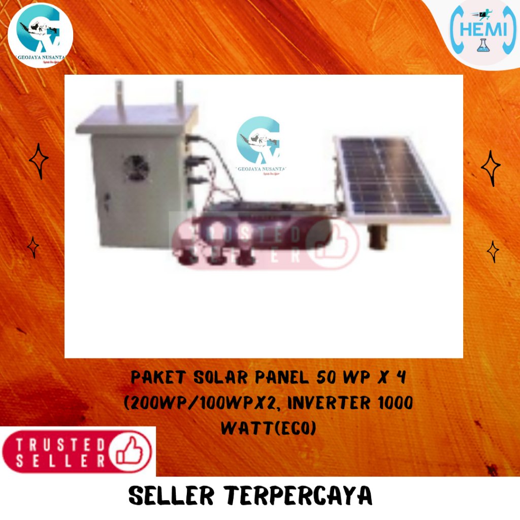 Paket Solar Panel 50 WP x 4 (200wp/100wpx2, Inverter 1000 Watt(ECO)