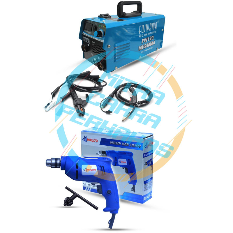 PAKET HEAMT HOT PROMO !! MESIN LAS FUJIYAMA 2 FUNGSI MIG/MMA 120A / FUJIYAMA FW120MIG/MMA+ MIKAYO Mesin Bor Bolak Balik Tangan Listrik 10mm Electric Drill Variable Speed