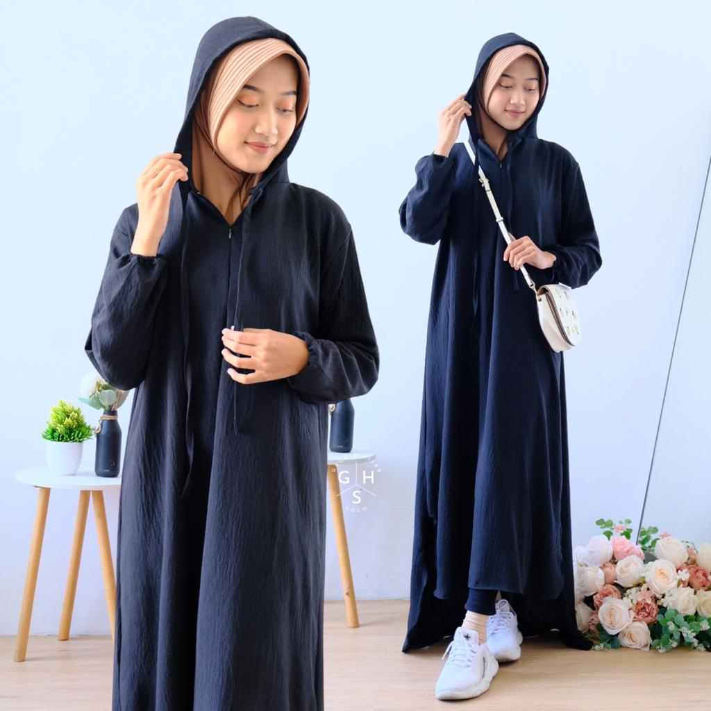 VONY LONG HOODIE GAMIS MAXI DRESS BUSUI ATASAN WANITA CRINCLE AIRFLOW PREMIUM (KJI)