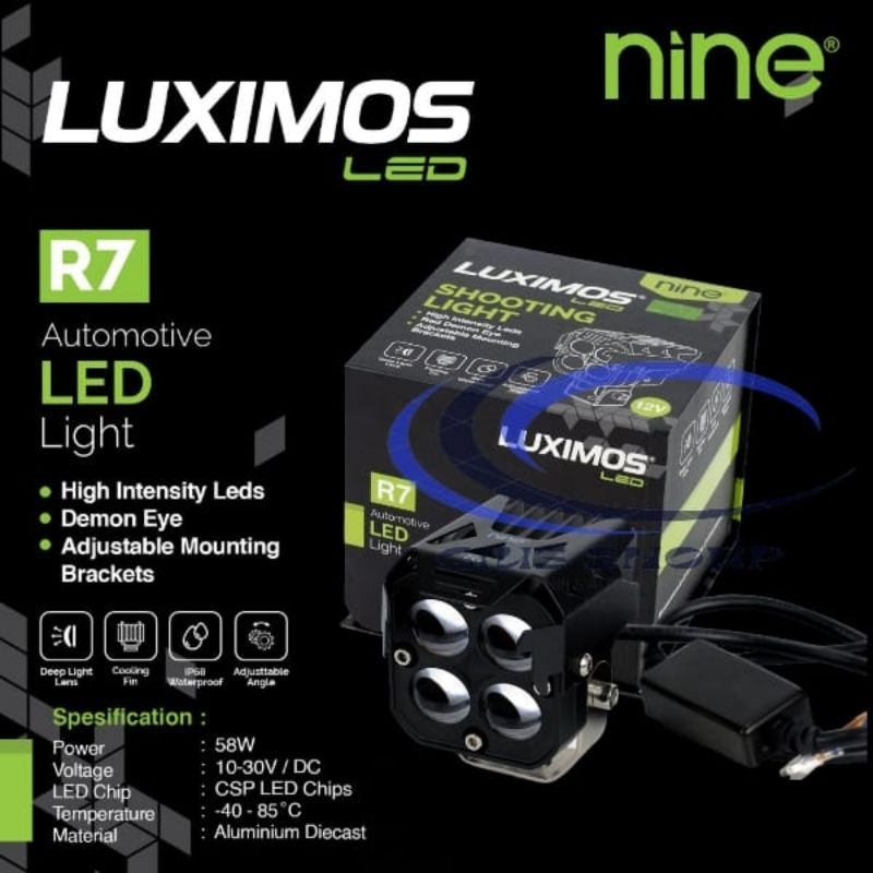 NINE LUXIMOS SHOOTING LIGHT R7 DEVIL EYE 4 MATA LED 58 WATT 2 WARNA PUTIH KUNING LAMPU SOROT MOTOR DAN MOBIL