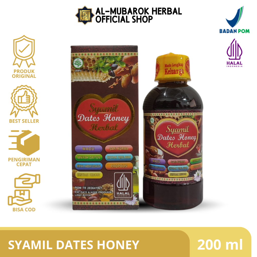 

Madu Syamil Dates Honey Herbal Family 200ml Madu Lengkap Keluarga Syaamil Dewasa Plus Kalsium Vitamin E Dengan Propolis Sari Kurma Minyak Zaitun Habbatussauda 200 Ml Asli 100% Original BPOM