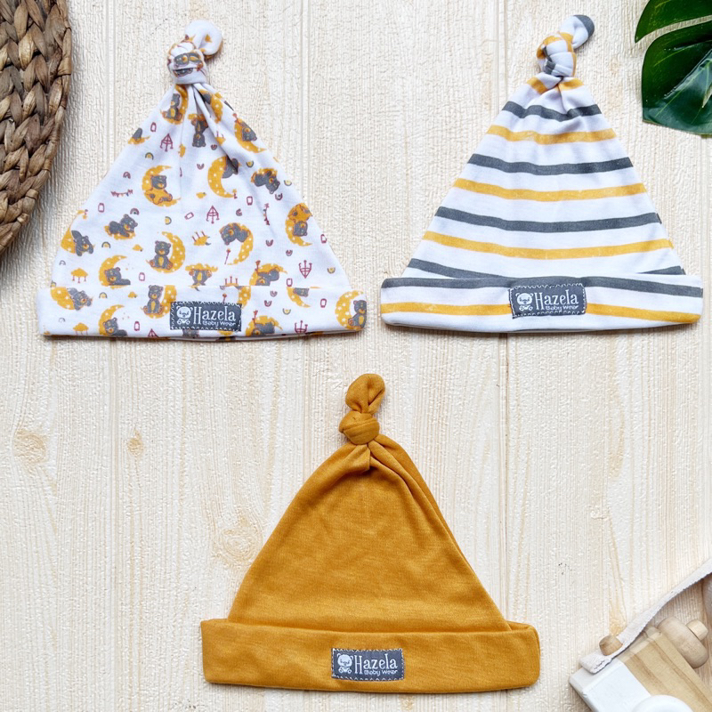 Serian MUSTARD HAZELA - 3 PCS TOPI KUPLUK Bayi Baru Lahir Topi Bayi 0 - 6 Bulan MUSTARD SERIES HAZELA