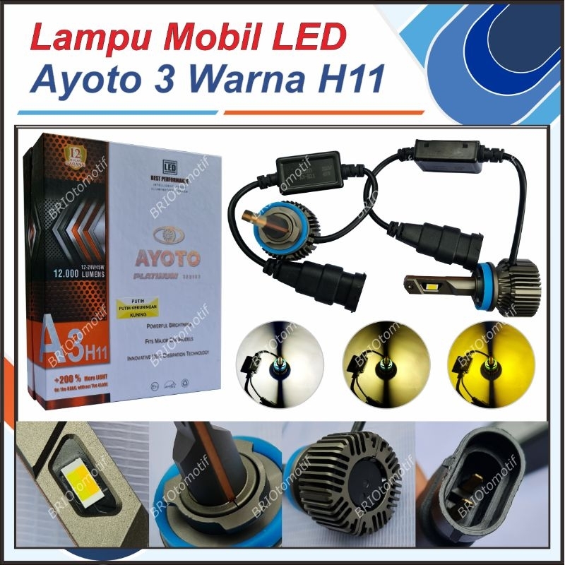 LAMPU KABUT FOGLAMP AYOTO A3 H11 3 WARNA PUTIH KUNING SINAR SUPER TERANG AWET HEMAT DAYA TEMBUS KABU