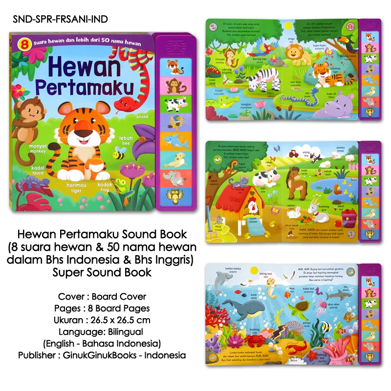 [GinukGinuk] Hewan Pertamaku Super Sound Book (8 tombol suara hewan &amp; 50 nama hewan) / My First Animals