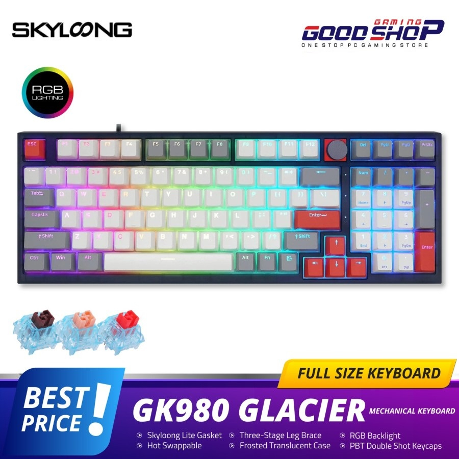 SKYLOONG GK980 GLACIER MECHANICAL GREY WHITE RED PBT KEYCAPS