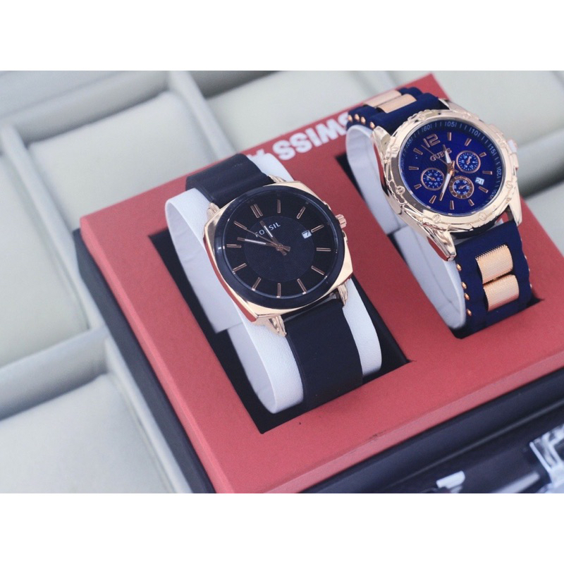 (Terima Cod)Jam Tangan wanita Fashion Buy 1 Get 1 Paket Hemat Kado FsL Bulat+Gues Ring Rose Tanggal Aktif Strap Rubber/Karet(Dikirim Jakarta)Free Box