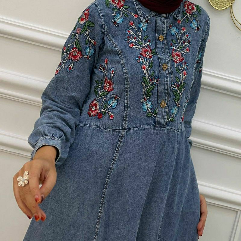 Flo Jeans Maxy, GAMIS JEANS CANTIK MODIS FIT XL LD 106 BAHAN JEANS WASH IMPORT MIX BORDIR KANCING BUSUI TERMURAH TERLARIS OOTD KEKINIAN