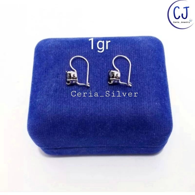 Anting Perak Asli Silver Wanita 925 Lapis Emas Putih Model Desi Permata Hitam - Perak Asli Silver 925 Wanita