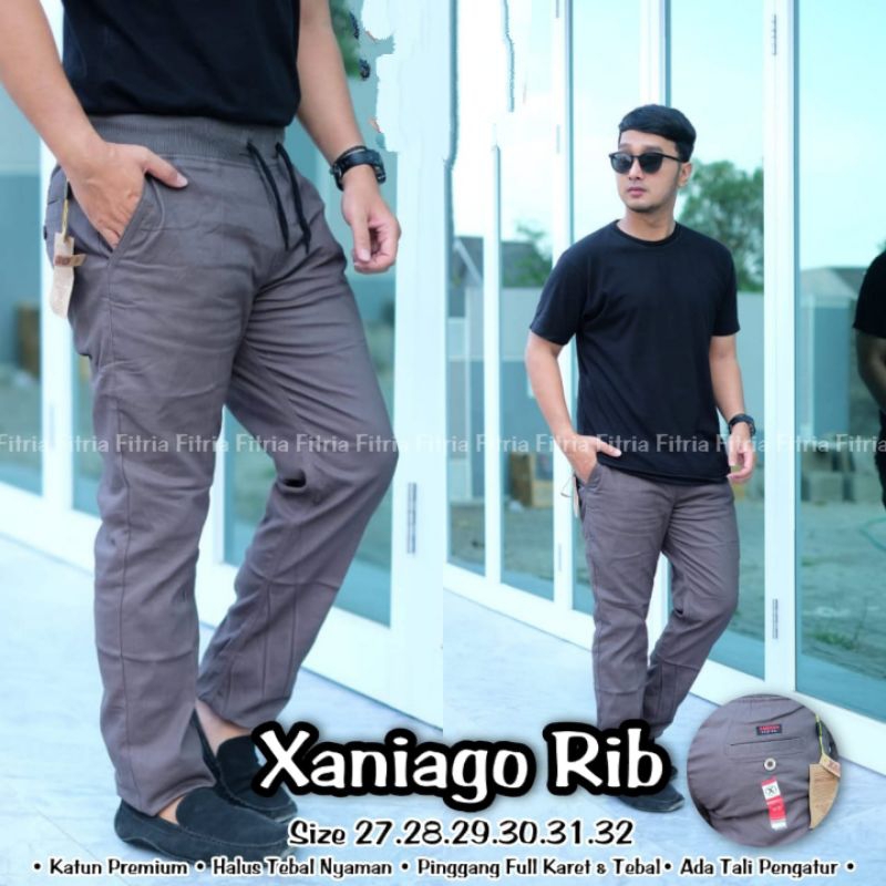 CELANA CHINOS PANJANG CHINO ORIGINAL XANIAGO RIP PINGGANG KARET WARNA ABU/DARK GREY