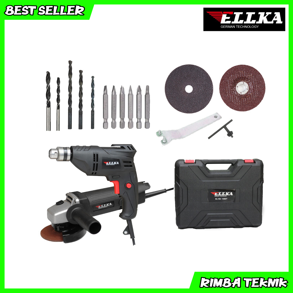 ELLKA Paket Bor dan Gerinda Set Koper M3esin Bor Kayu 10mm dan Gerinda Tangan 4 Inch Combo Set Murah Germany Technology