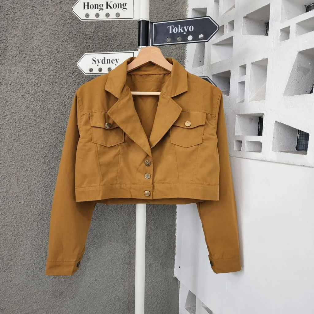 JACKET WANITA MON CROP BAHAN BABY CANVAS LD 105 CM BLOUSE WANITA LENGAN PANJANG / BAJU CROP WANITA KOREAN STYLE / KEMEJA CROP OVERSIZE WARNA FUCHIA , MOCCA