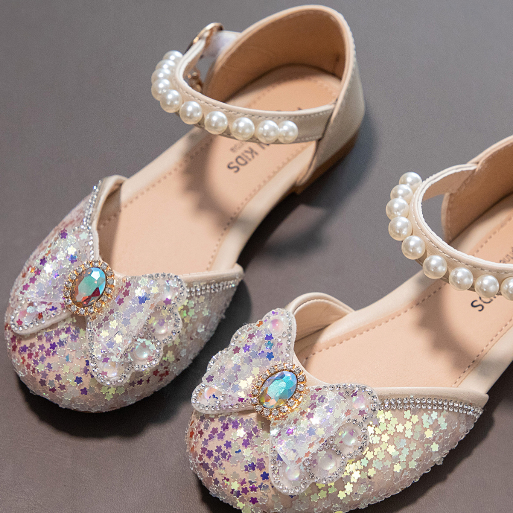 Frozen Sandal Anak pearl payet sepatu putri perempuan Anak Motif Pita （Add shoe box）
