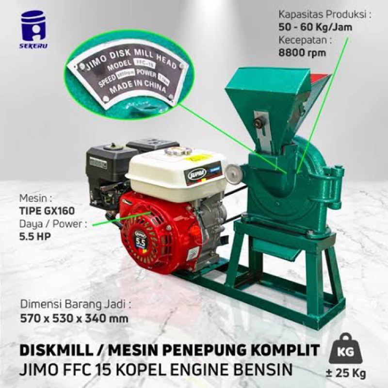 Mesin giling selep Tepung kopi beras jagung FFC 15 + mesin bensin gx200 6,5 hp