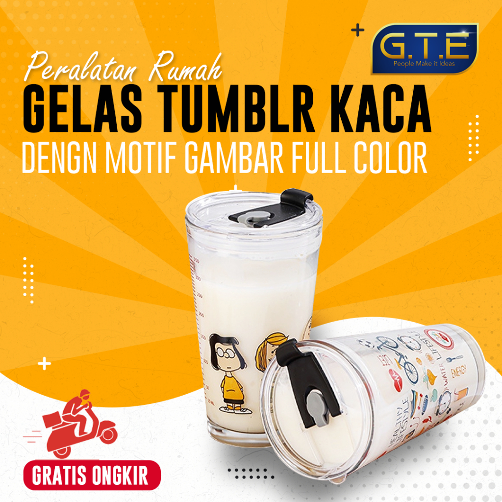 GTE | Gelas Tumblr Kaca Bening Gelas Mug Gelas Kaca dengan Tutup Anti Bocor 400ml Botol Minum Kaca Gratis Sedotan