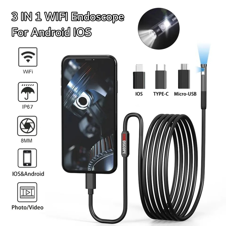 MH - Endoscope Camera Android dan ios Wifi Hard Cable Dual / Single Lens