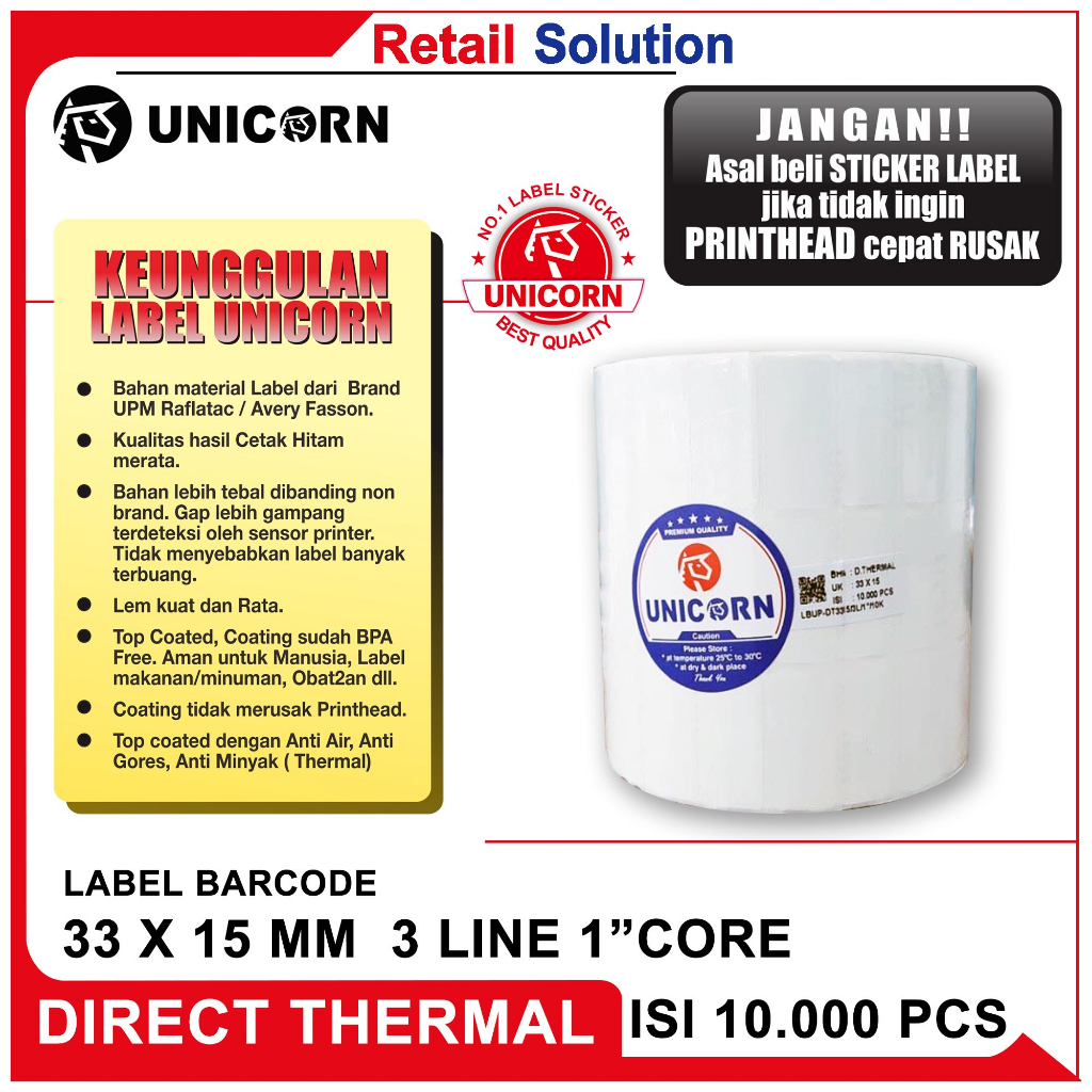 Stiker Label Barcode Thermal 33x15 mm / 33 x 15 mm / 33x15mm isi 10000