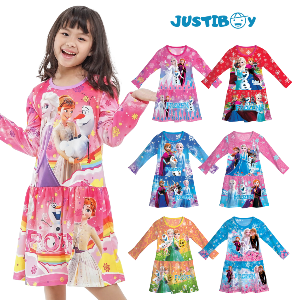 Baju Anak Perempuan Frozen / Tunik Muslim Anak Princess Lengan Panjang Full Printing Usia 3 - 10 Tah