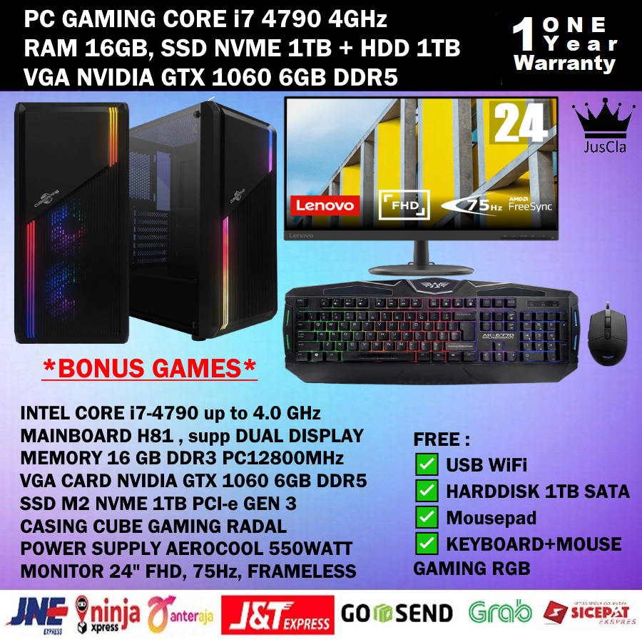 PC GAMING INTEL CORE i7-4790 4,0GHz|RAM 16GB|NVME 1TB|VGA GTX 1060 6GB|HDD 1TB|KEYBOARD+MOUSE GAMING|WIFI