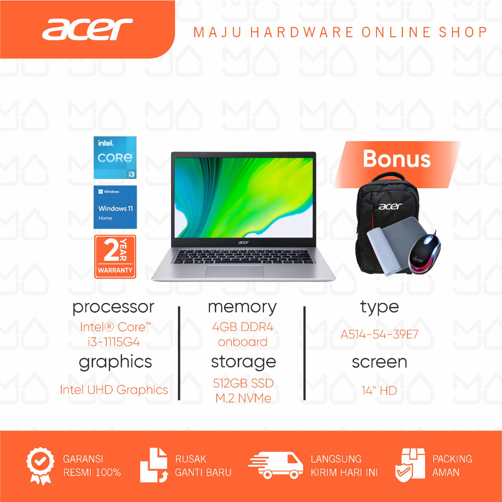 Laptop Acer A514-54-39E7/i3-1115G4/4GB/512GB Black