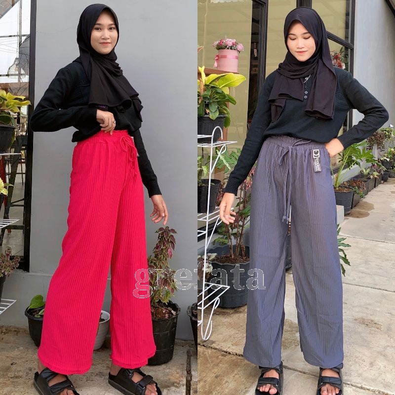 Celana Panjang Wanita Kulot Knit Maxiline Hw Hight Waist Pinggang Tali Serut / Loose Cullote Knits Import Tebal Dan Melar All Size L/XL Bb 40kg Sampai Bb 60kg / Daily Kulot Long Cullote Knitted / Jeni Cullote Grefata