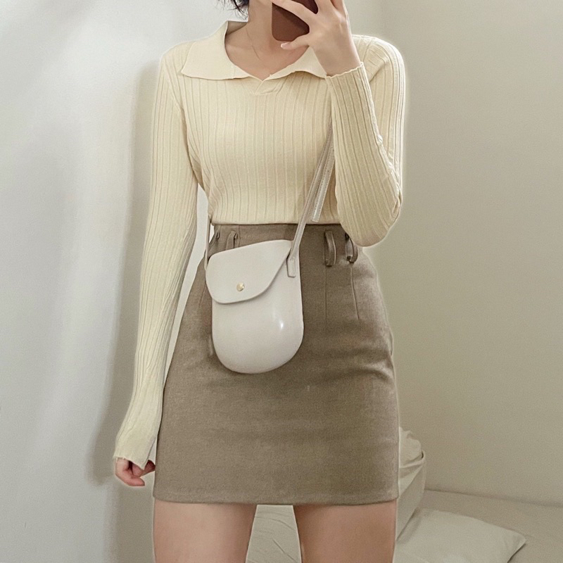 Long Sleeve Korea / ALENA LONG SLEEVE KOREA STYLE / Atasan Rajut Wanita Lengan Panjang / POLO KNIT CROP TOP