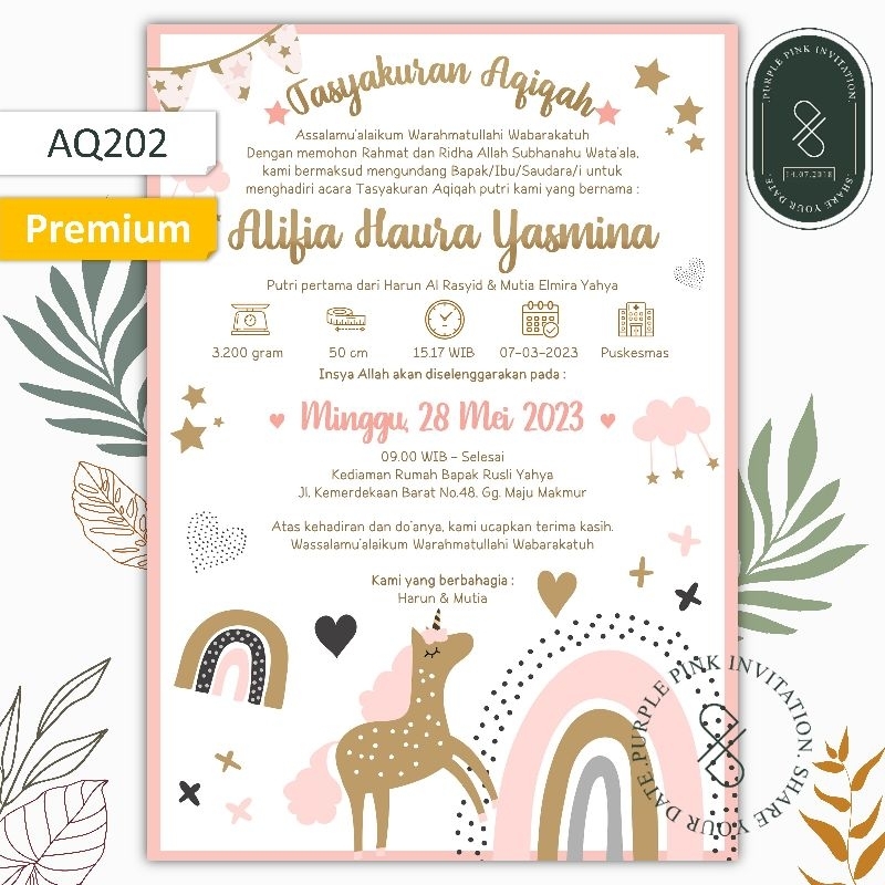 Undangan Digital Aqiqah Code AQ202 Tasmiyah Softfile Tema Unicorn Boho Rainbow Warna Pink Putih Cokl
