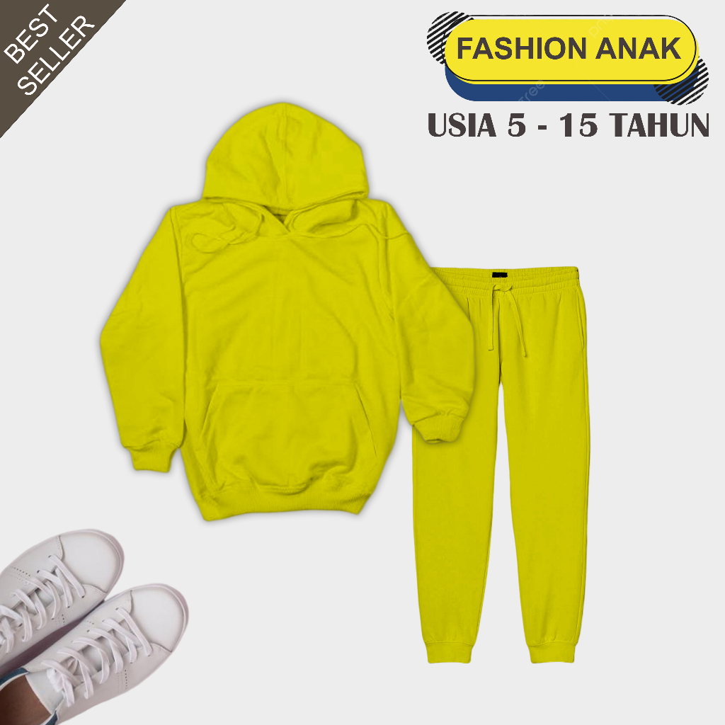 Setelan Hoodie Jogger Anak Polos Unisex Usia 5-15 Tahun Bahan Katun Terry Soft