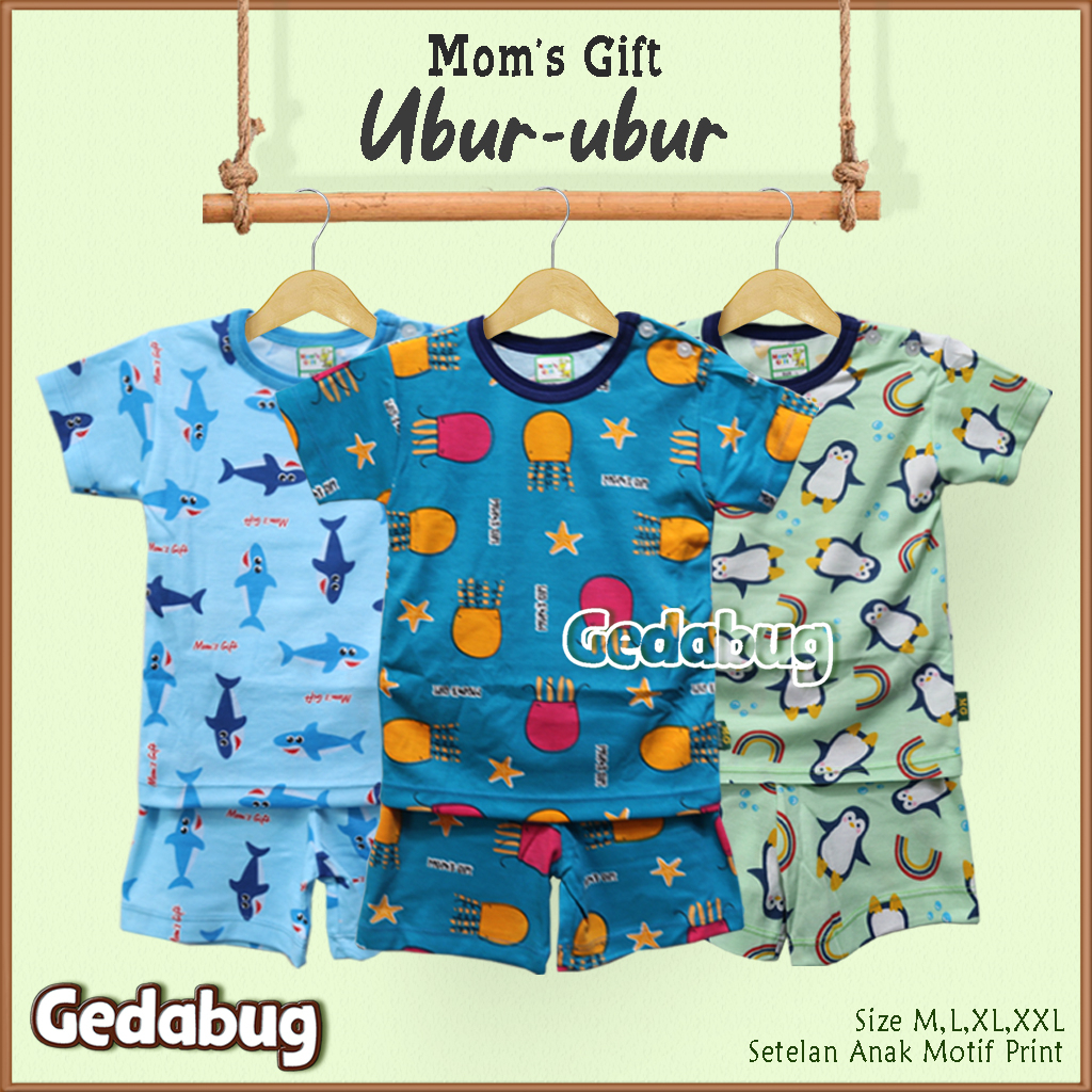 3 Setel - Setelan Kaos Anak Mom's Gift Ubur-ubur PENDEK | Setelan Baju bermain Anak Moms Gift | Gedabug