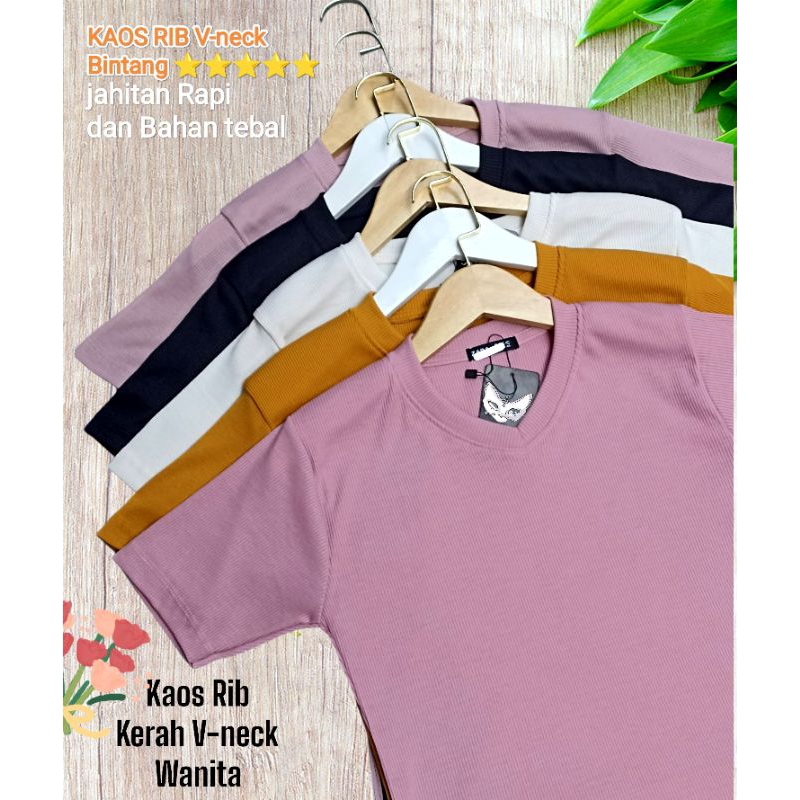 (COD) kaos kerah V-neck lengan pendek WANITA [Bahan rib tebal &amp; lembut]