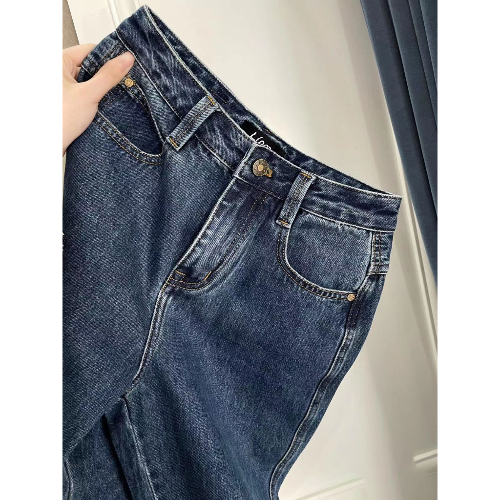 Biru Gelap Rawis Highwaist Lurus Loose Celana Jeans Panjang Wanita Korea Style