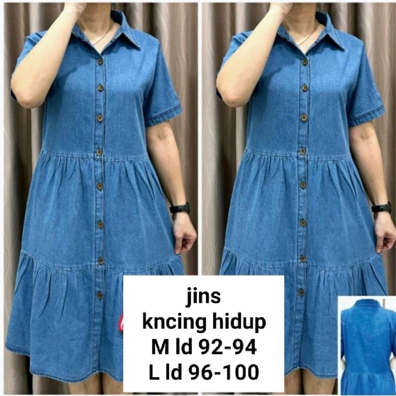 dress jins snow wash biru muda navy tangan pendek bordir  s m lembut polo bordir busui kancing hidup