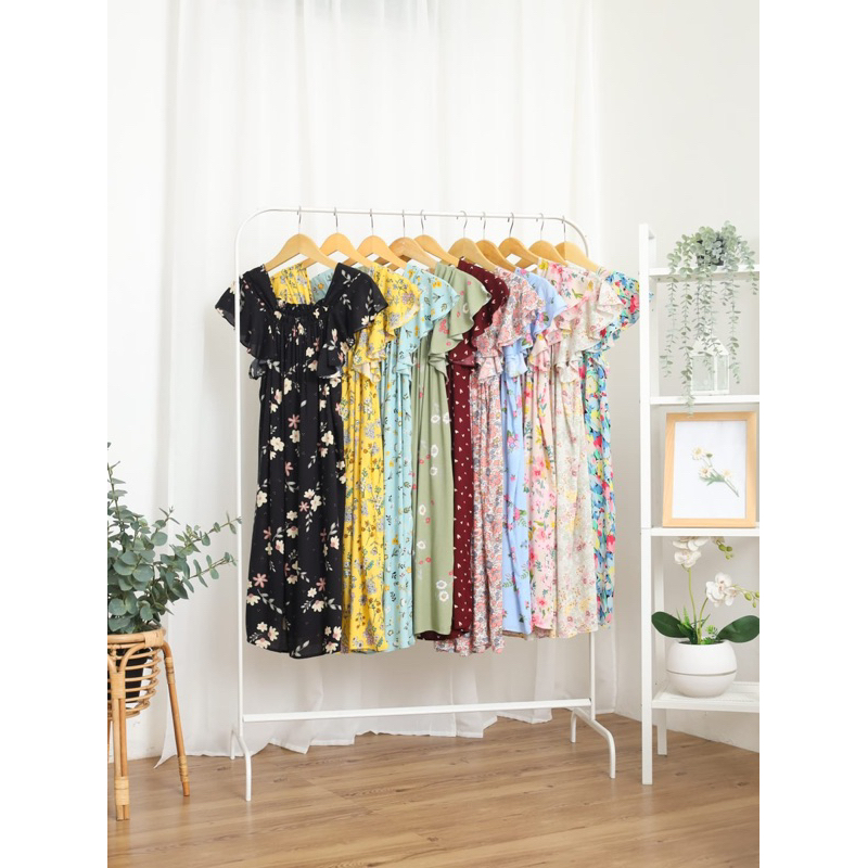 Sakeena midi dress. Daster katun rayon lengan ruffle kerah karet fit to jumbo LD 130 cm