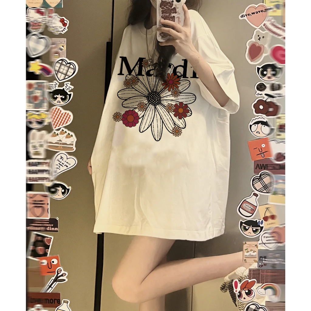 EUNII T-shirt Lengan Pendek Vintage Flowers Korean Style/Kaos Atasan Wanita/Baju Kaus Oversize Wanita/Kaos Wanita