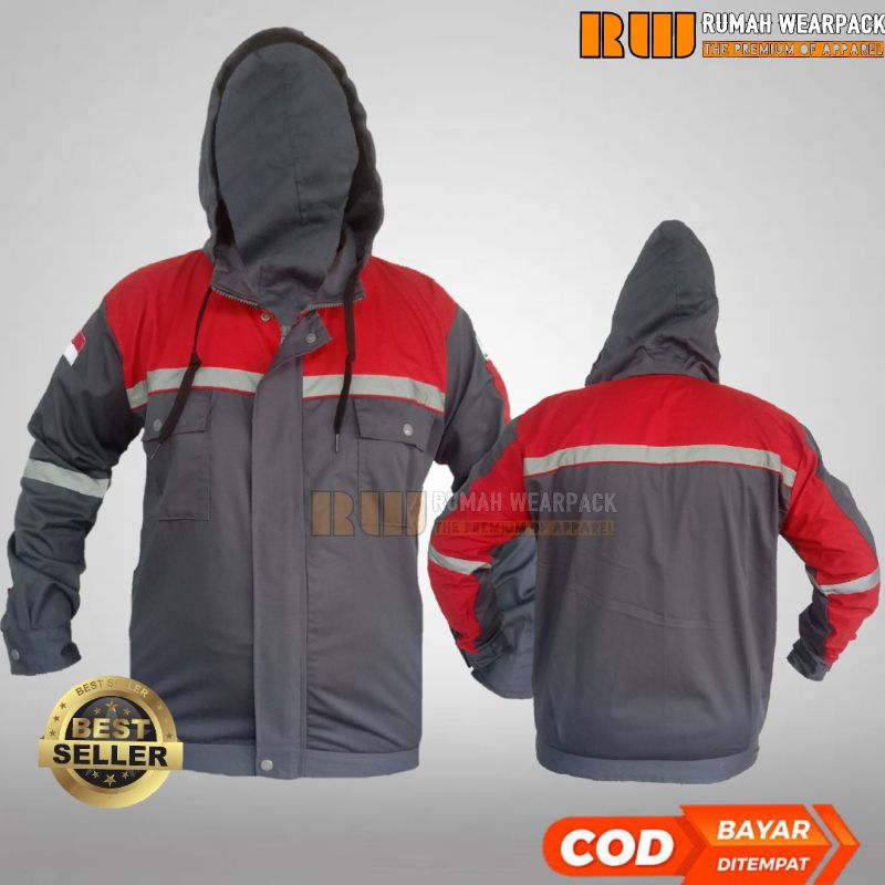 Jaket Wearpack Kerja dilengkapi Penutup Kepala warna Abu Tua Kombinasi Merah