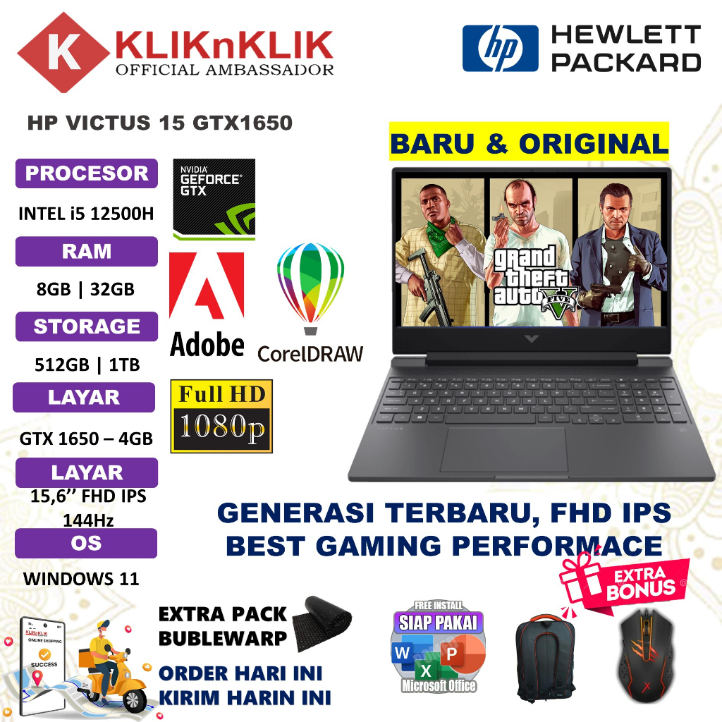 Laptop Gaming Hp Victus 15 I5 12450H 16GB 1TB RTX13050 FHD IPS 144Hz WINDOW 11 Termurah