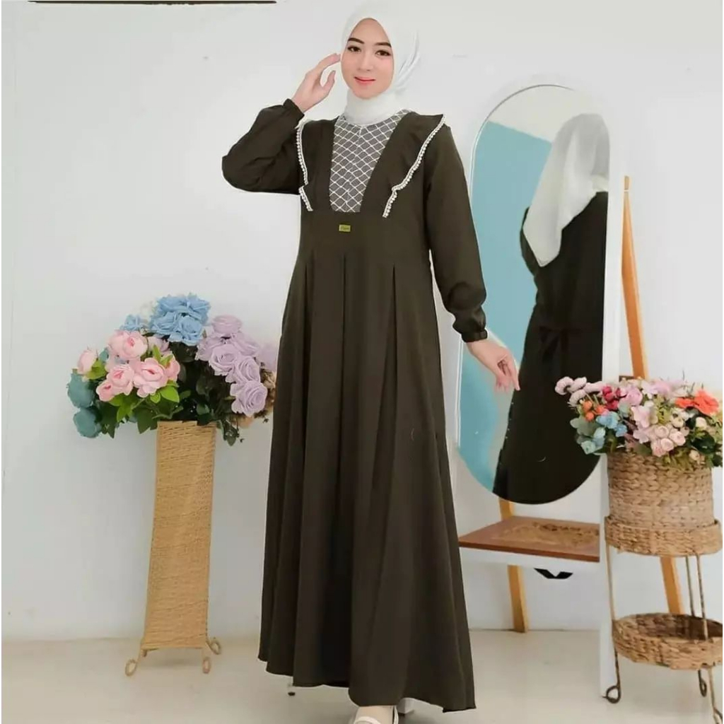 Gamis Dress Wanita Muslim Terbaru Dress Busui / Zipper Depan Aplikasi Renda Tali Pinggang Kiri Kanan Shera Maryam Maxy