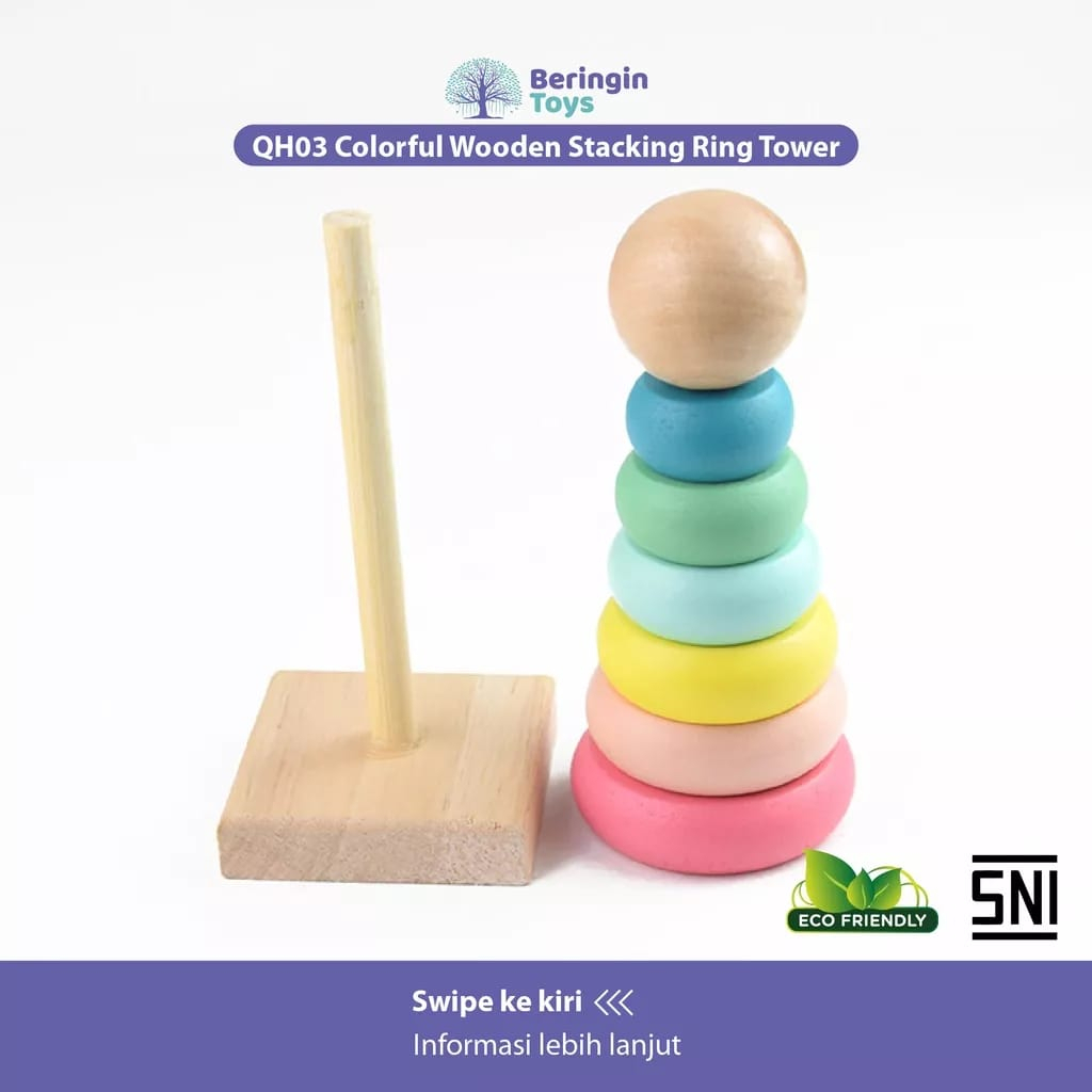 QH03 Colorful Wooden Stacking Ring Tower - Mainan Anak