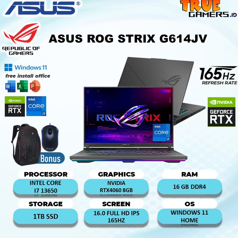 Laptop Asus Rog Strix G614JV RTX4060 8GB I7 13650 16GB 1TBSSD WIN 11 16.0FHD IPS 165HZ