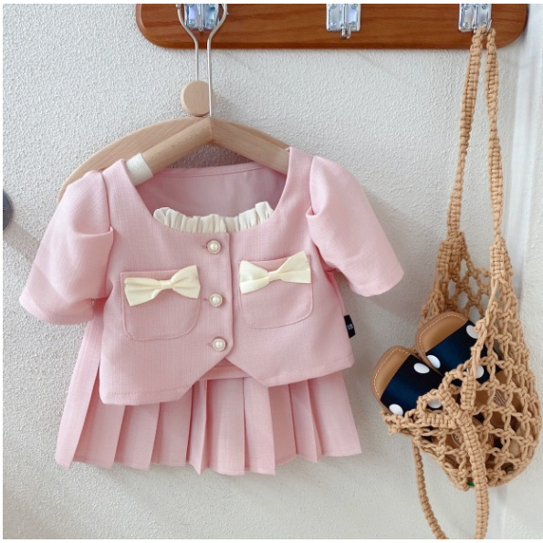 Setelan Dress PINK 2 KANTONG PITA ROK LIPAT Anak Perempuan Import/ Gaun Pesta Baju Bayi Perempuan