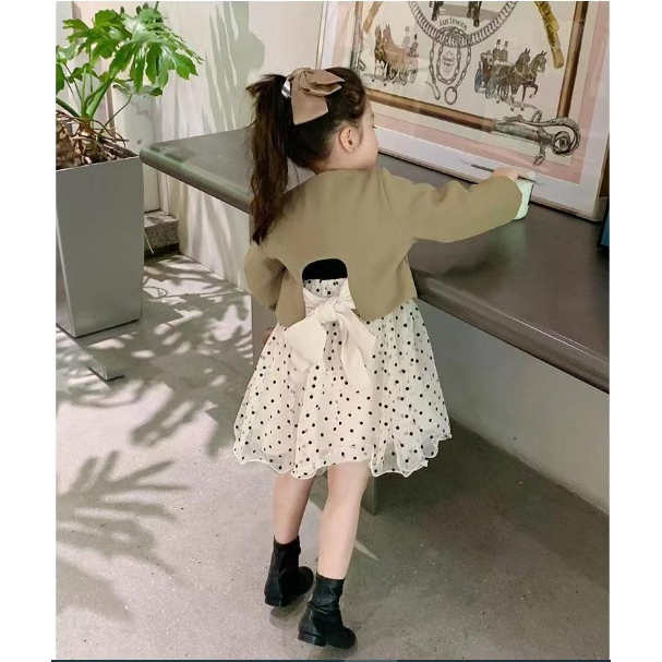 Dress anak import lengan panjang model CARDIGAN PITA DRESS TUTU POLKADOT 100-140 PREMIUM