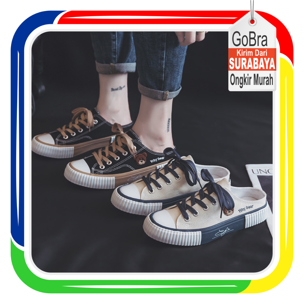 Gobra ♕ SEP030 (Tanpa Kotak) Sepatu Sneakers Wanita Setengah Why Bear Kanvas Putih Sporty Model Korea Fashion Casual Sport Olahraga Import COD